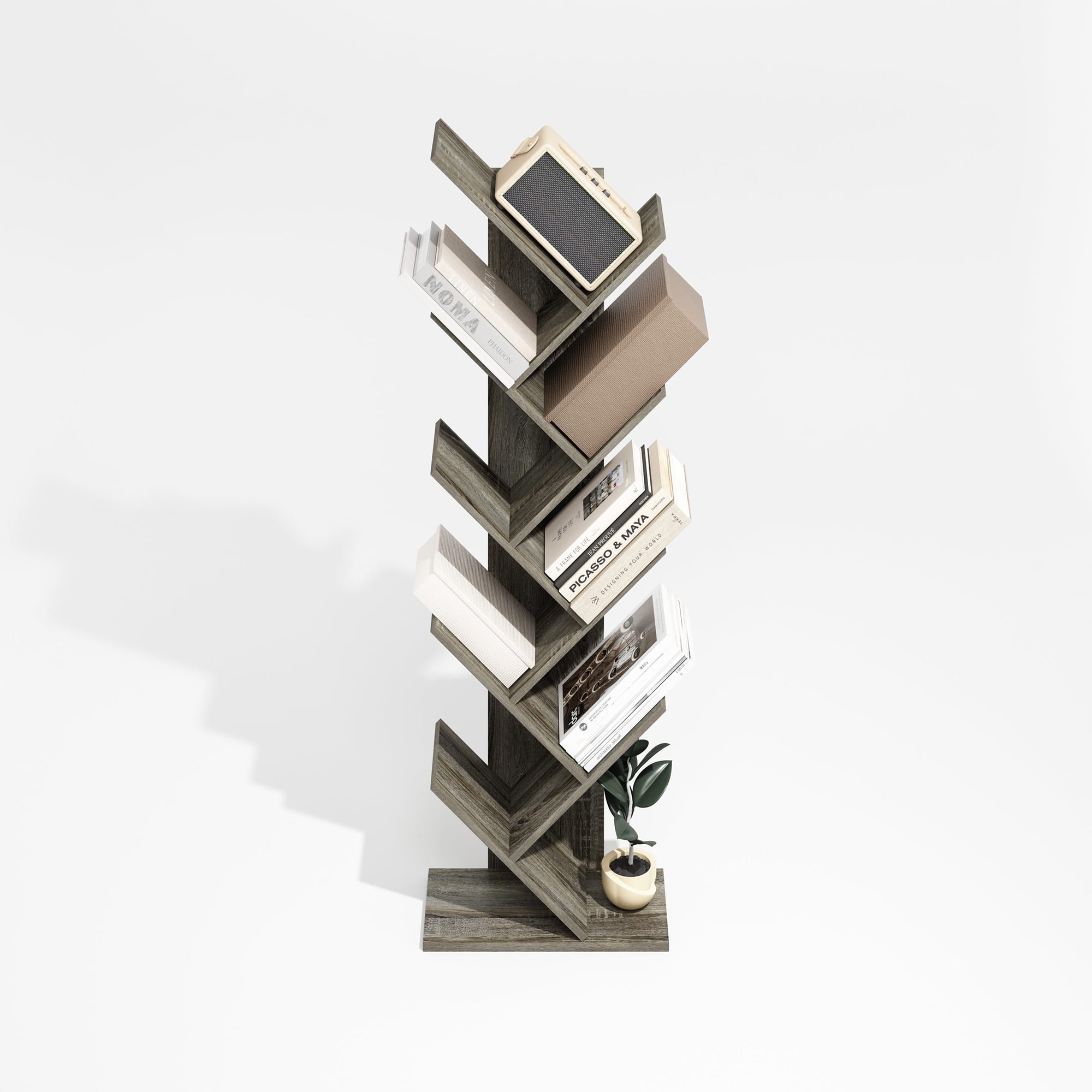 Furinno Tree Bookshelf 9-Tier Floor Standing Tree Bookcase, Oak Grey