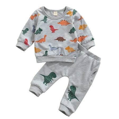 

Canrulo 2Pcs Newborn Baby Boys Girls Tracksuit Dinosaur Print Set Long Sleeve Sweatshirt Tops Pants Outfit Gray 12-18 Months