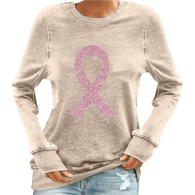 Staron Chandails à Manches Longues pour Femmes Sensibilisation au Cancer du Sein Mode d'Automne Chandails de Base Ruban Rose Col Rond Hauts Habillés Décontractés Chemise Légère Cadeaux pour Femmes
