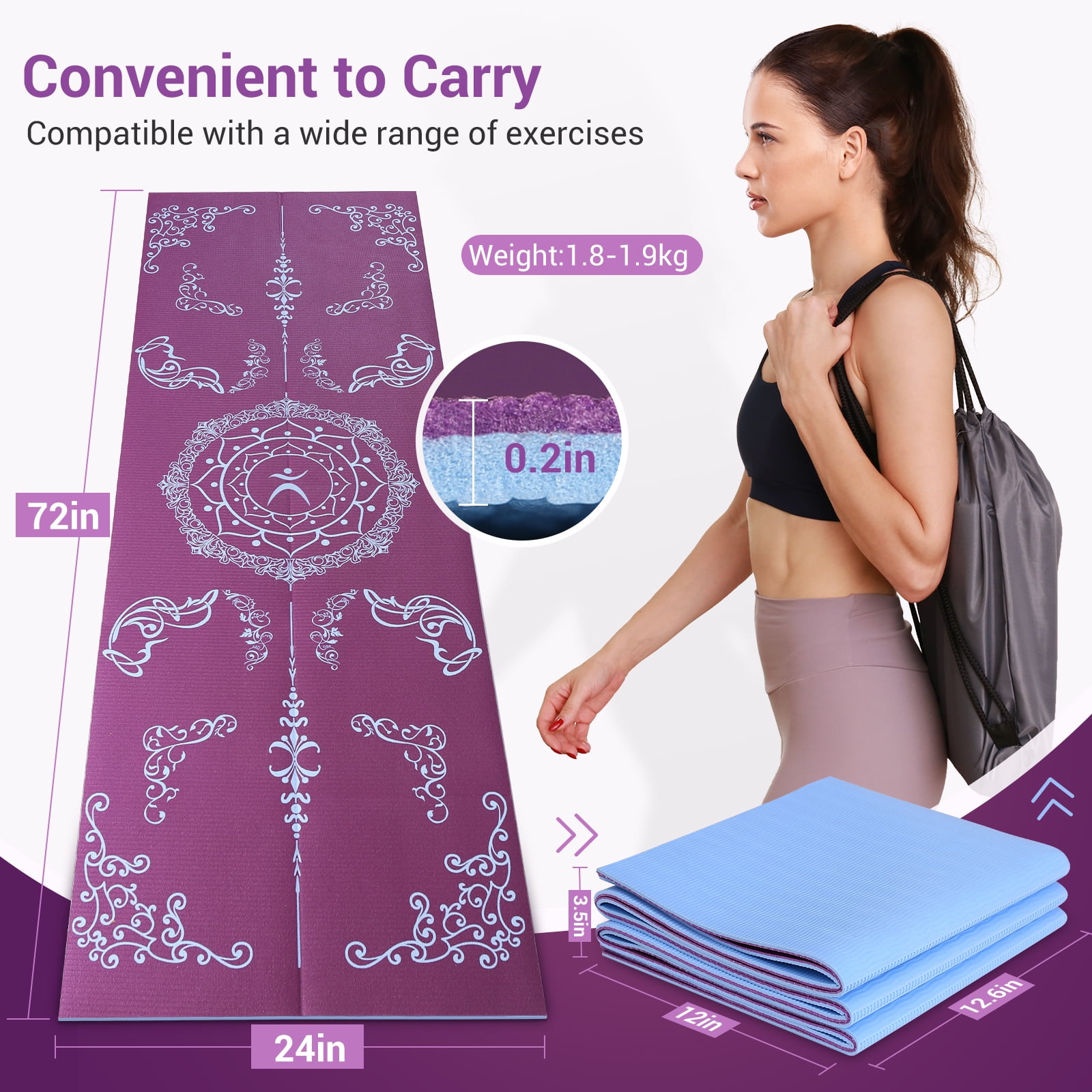 Avoalre Yoga Mat, Foldable 72" x 24" x 1/5" Double Sided Non-Slip Mat with Bag, Thick Yoga Mat for Workout Fitness Pilates Stretching