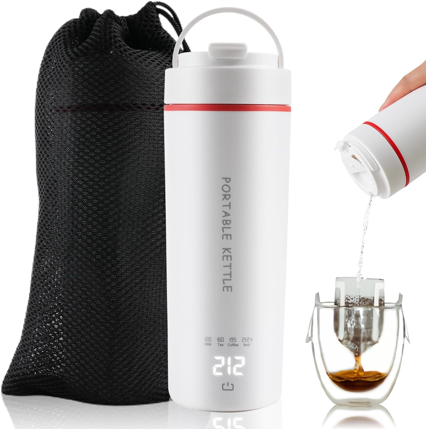 Portable Electric Travel Kettle Mini Hot Water Boiler, Small Electrical Thermos Kettle for Tea Coffee with Temperature Control, 110V Electric Hot Water Boiler 500ML