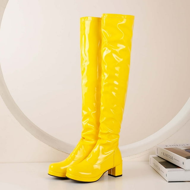 Cameland Women's Fashion Middle Over-the-Knee Boots Multicolor Chunky Heel Round-Toe Boots