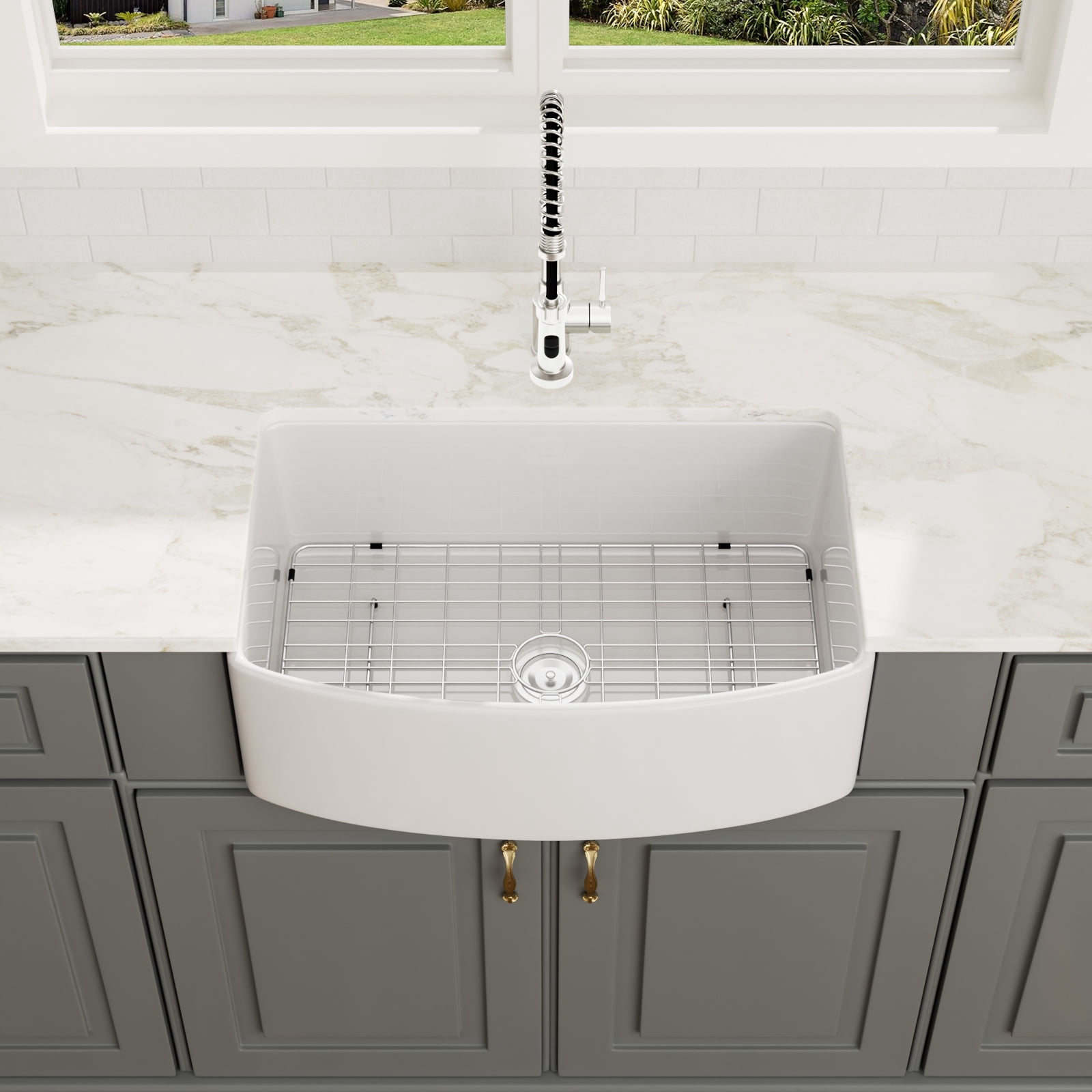 30"x19" Arc-shaped Fireclay/Creamic Single Bowl Farmhouse Apron Kitchen Sink with Bottom Grid and Drain Strainer
