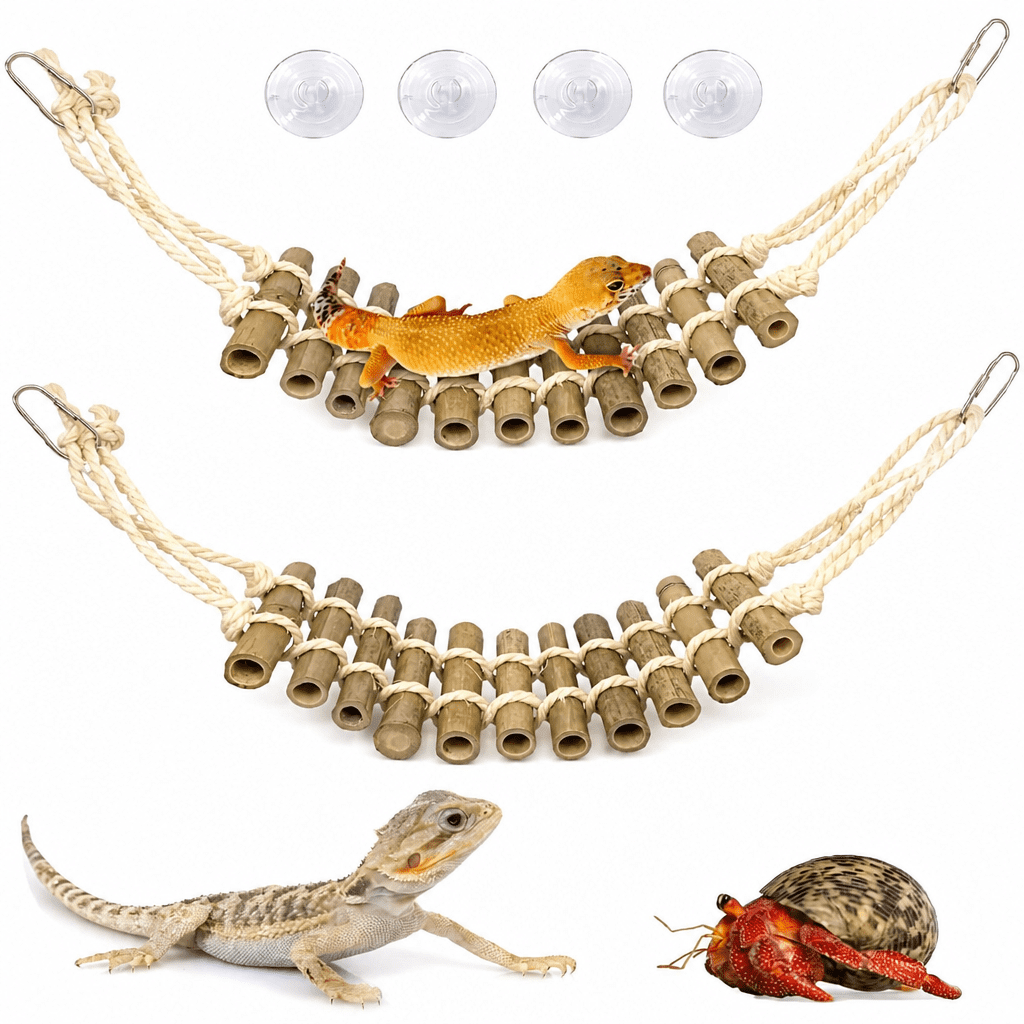 RAIRSKY Reptile Bridge for Terrarium 2 Pack Wooden Bearded Dragon Climbing Ladder Hanging Flexible Swing Tank Decor Accessories for Gecko Hermit Crab Chameleons Turtle Lizard Frog