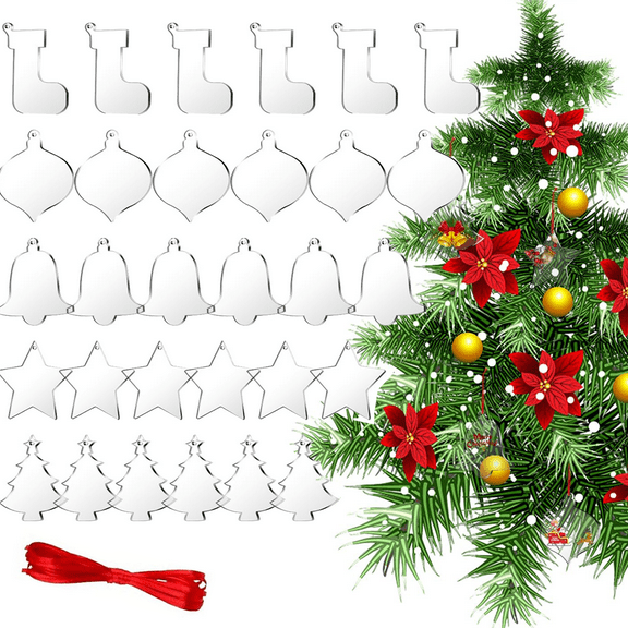 30 Pcs Clear Blank Acrylic Ornaments, Xmas Tree Stocking Star Bell Peach Shape Hanging Discs with Red Ribbon Hanging Ornaments for Christmas Tree Decoration DIY Craft