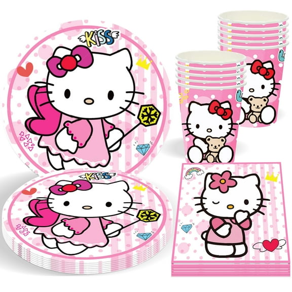 PIUMOJ Cartoon Cat Party Supplies Set – Cartoon kitty10 Dinner Plates, 10 Paper Cups & 20 Napkins for Kids’ Birthday & Themed Parties