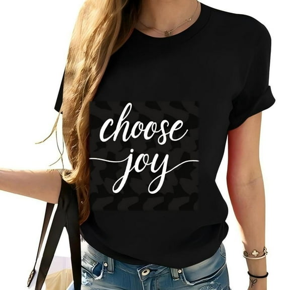 Women's Cotton Short Sleeve T-Shirt - " Choose Joy " in White Cursive on Dark Pattern - Casual Tee Top