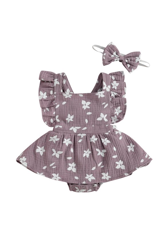 3 Colors Newborn Baby Girls Romper Dress Headband Flowers Print Ruffles Fly Sleeve Backless Jumpsuits