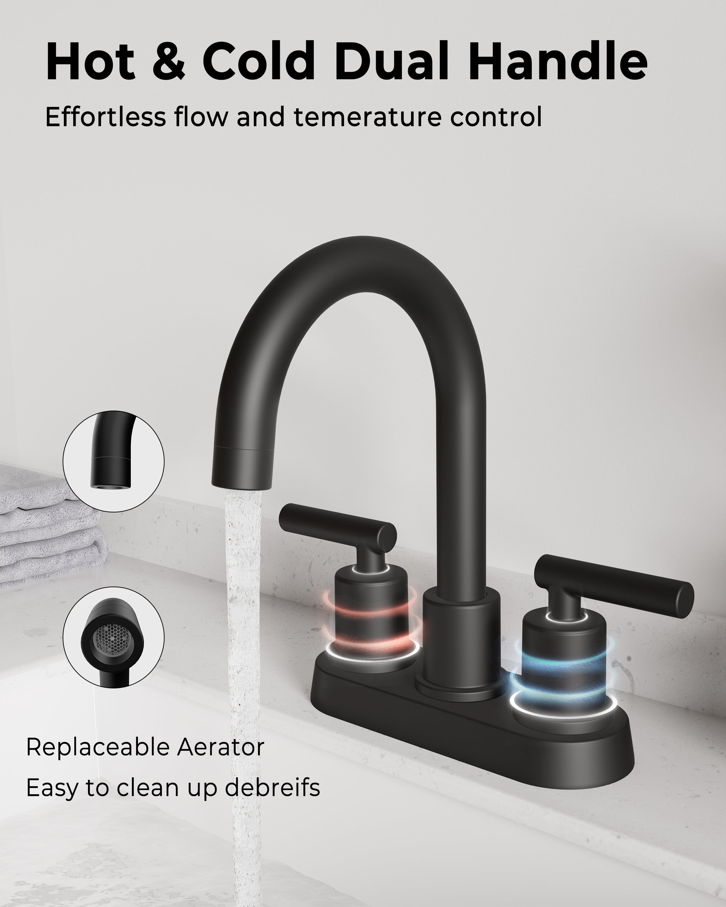 VXV Bathroom Faucet 4 Inch 2 Handle Centerset Utility Lavatory Vanity Faucet Modern 360 Rotating Black Faucet with Pop-up Drain Stopper Assembly and Supply Lines Fit 2 or 3