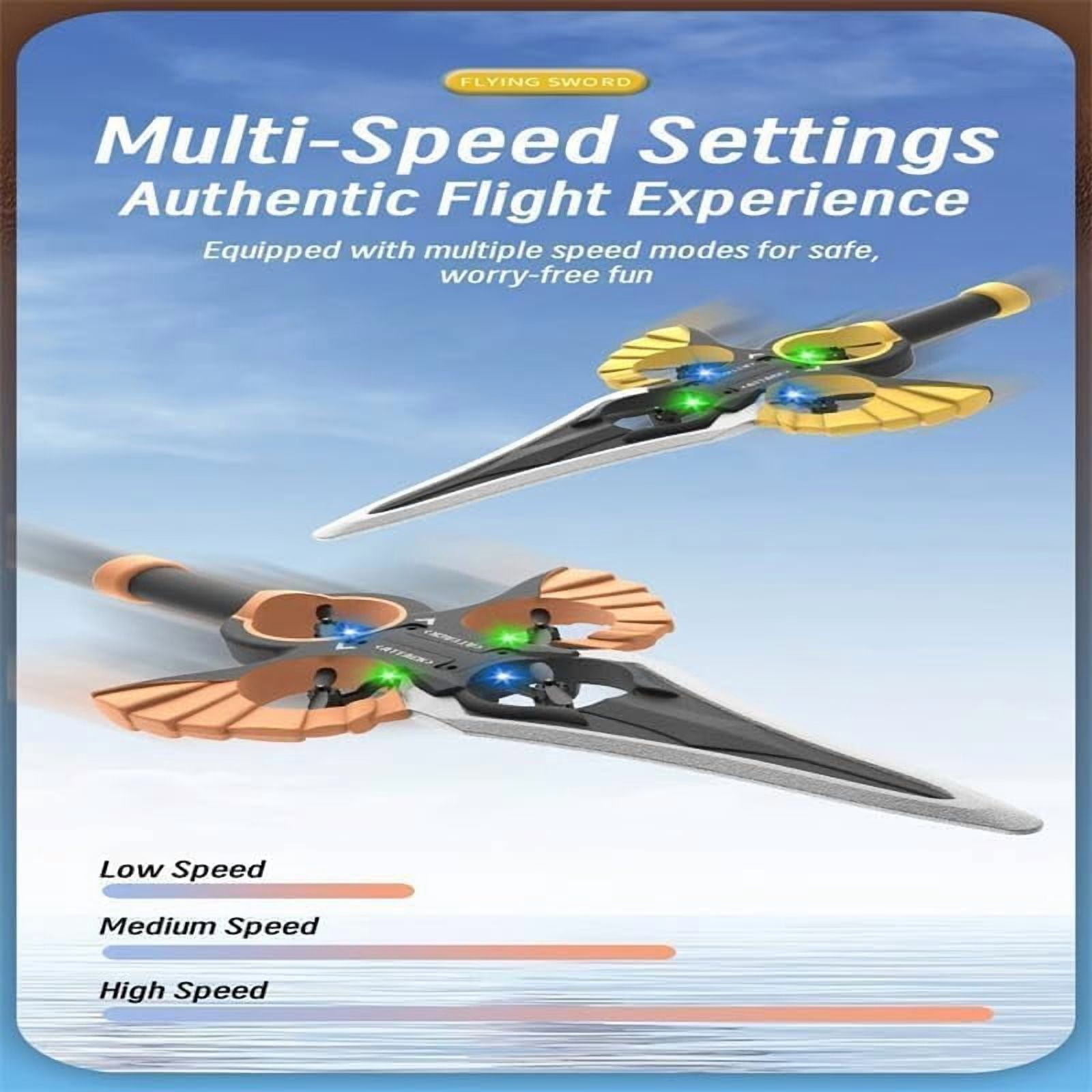 Remote Flying Sword – (Hand Wave/Controller Mode) 2025 New Stunt Flying Sword, Magic-Control Immortal, Stunt Remote-Controlled, 3-Speed Control, Lightweight Easy to Fly Rc Glider (Gold, Battery of 2)
