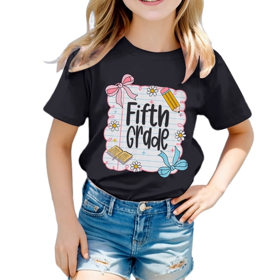 Kiijoy Girls Back To School T Shirt Cute Graphic Short Sleeve T-Shirt, Black, Sizes 8-9