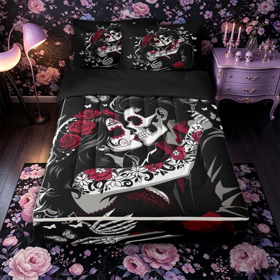 Castle Fairy Day Of Dead Skeleton Couple Zipper Twin Comforter Sets with Fitted Sheet and 2 Pillowcases,Valentine'S Day Rose Butterfly Zipper Bedding Set,Red Black,4-Piece,Black Reversible