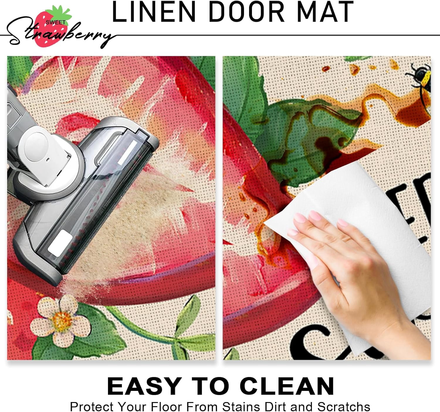 Spring Summer Strawberry Decorative Front Door Mat, Berry Sweet Welcome Doormat Indoor Outdoor Non-Slip Floor Entryway Rug, Fruit Bee Seasonal Home Kitchen Decoration 17x30 Inch