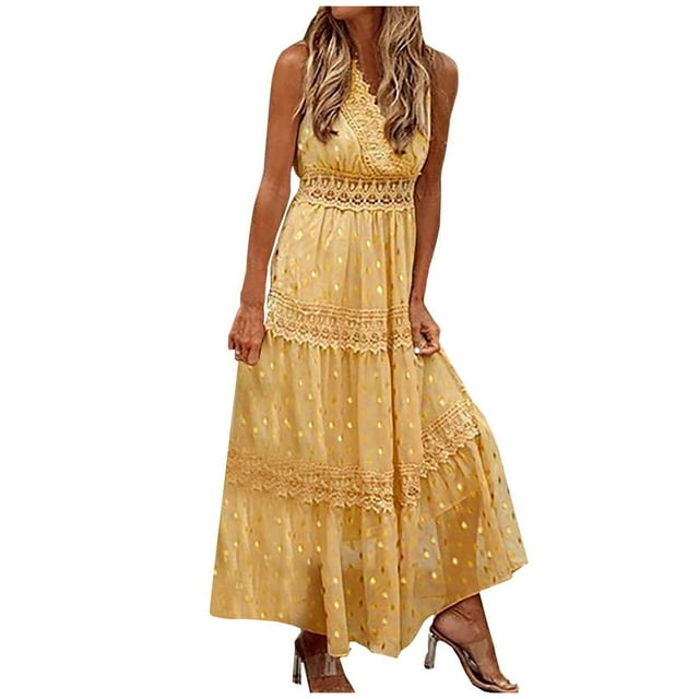 CNKOO Robes d'Été pour Femmes Robe Longue Maxi Fluide de Bal Fête Plage Dentelle Patchwork Robe de Retour à la Maison