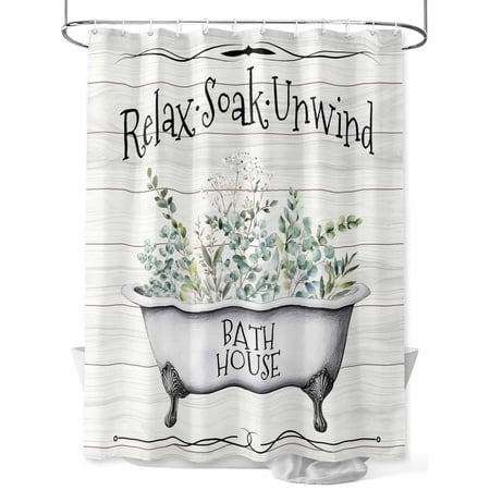 Farmhouse Bathroom Quotes Shower Curtain, Soak Relax Unwind Eucalyptus Bathroom Decor Curtains Set with Hooks, Waterproof Fabric Home Accessories, Stall 36 X 72 Inch