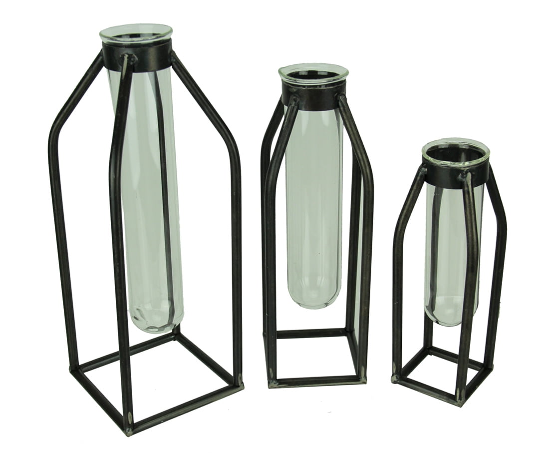 Modern Art Glass Tube Bud Vase with Metal Cage Frame Set of 3 Walmart