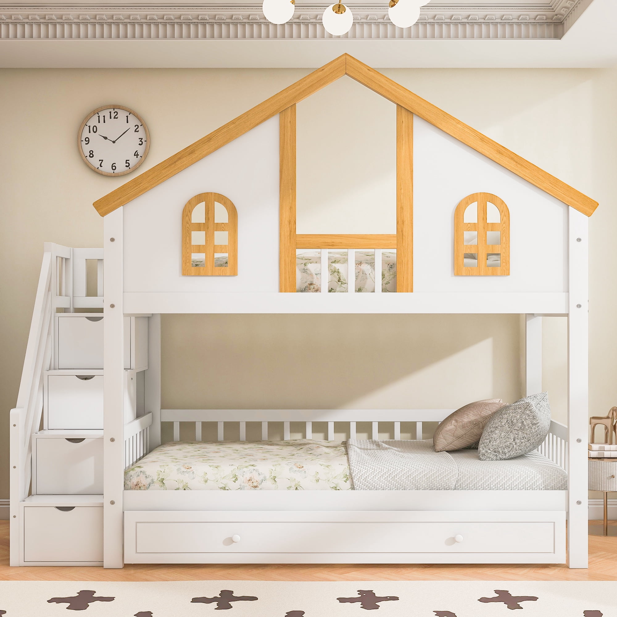 Euroco Wood Twin over Twin Bunk Bed with Trundle, House Bed with Storage Staircase, White