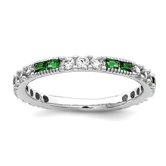 925 Sterling Silver Rhodium Plated Simulated Green Spinel and Cubic Zirconia Band Ring Size 7 2.5mm Wide Ring for Women