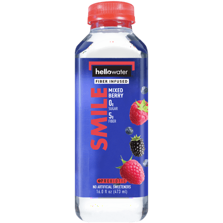 Hellowater SMILE, Mixed Berry Flavored, Prebiotic Fiber Infused Water, Zero Sugar, Zero Net Carbs, 16 Fl Oz bottles, Casepack of