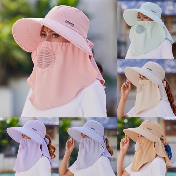 XINPING Women's Neck Sun Hat, Breathable Mesh UV Protection Wide Brim Hat with Ponytail Hole for Beach, Hiking and Gardening