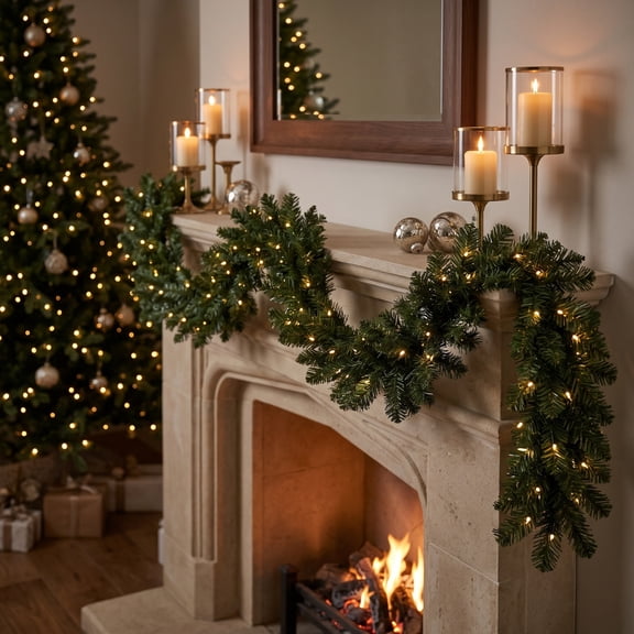 Aoznliie Christmas Garland, 108 inch Pre-Lit Fir Garland with 50 Warm White LED Lights, Full Bendable Christmas Decor for Mantel Staircase, Green
