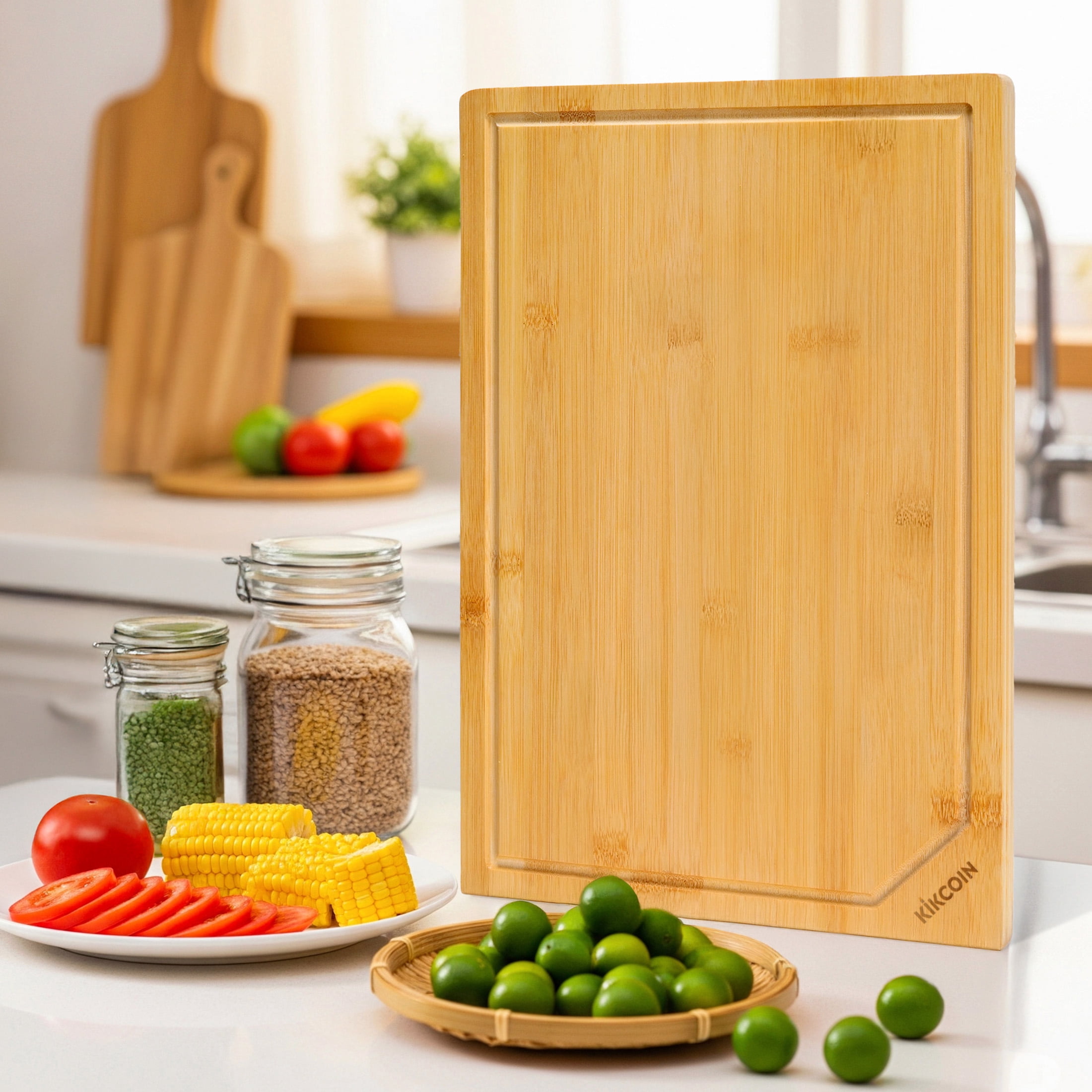 Kikcoin Bamboo Cutting Boards for Kitchen, with Deep Juice Groove and Inner Handle, 17.1" x 11.4"