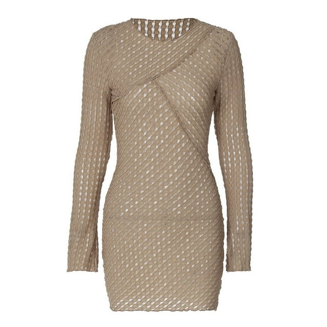 Vestido Mini Ajustado con Escote Redondo y Mangas Largas Texturizado para Mujer Caqui L