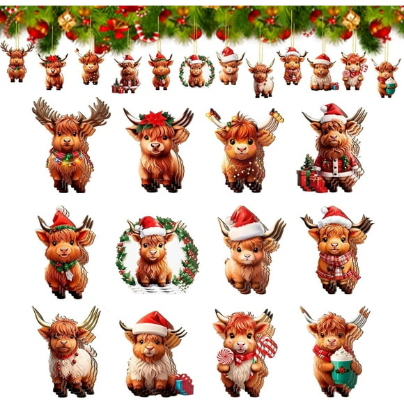 Benustra 36Pcs Cow Ornaments for Christmas Tree, Highland Cow Christmas Decorations, Western Cowboy Cactus Highland Cow Cattle Hanging Ornaments Wooden for Xmas Holiday Western Cowboy Theme Party