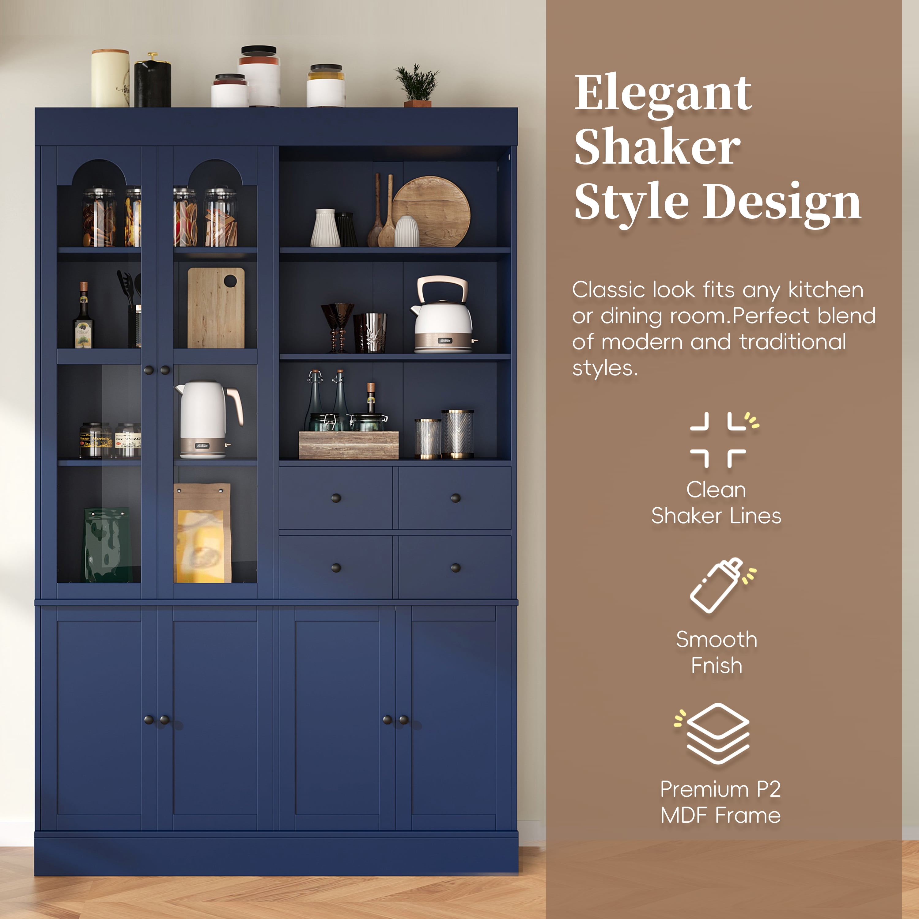 Euroco 47.2x15.7x75inch Freestanding Buffet with Hutch, Tall Kitchen Pantry Cabinet with 4 Drawers, Door Shelves and Pull-out Trays for Dining room, Living Room, Blue