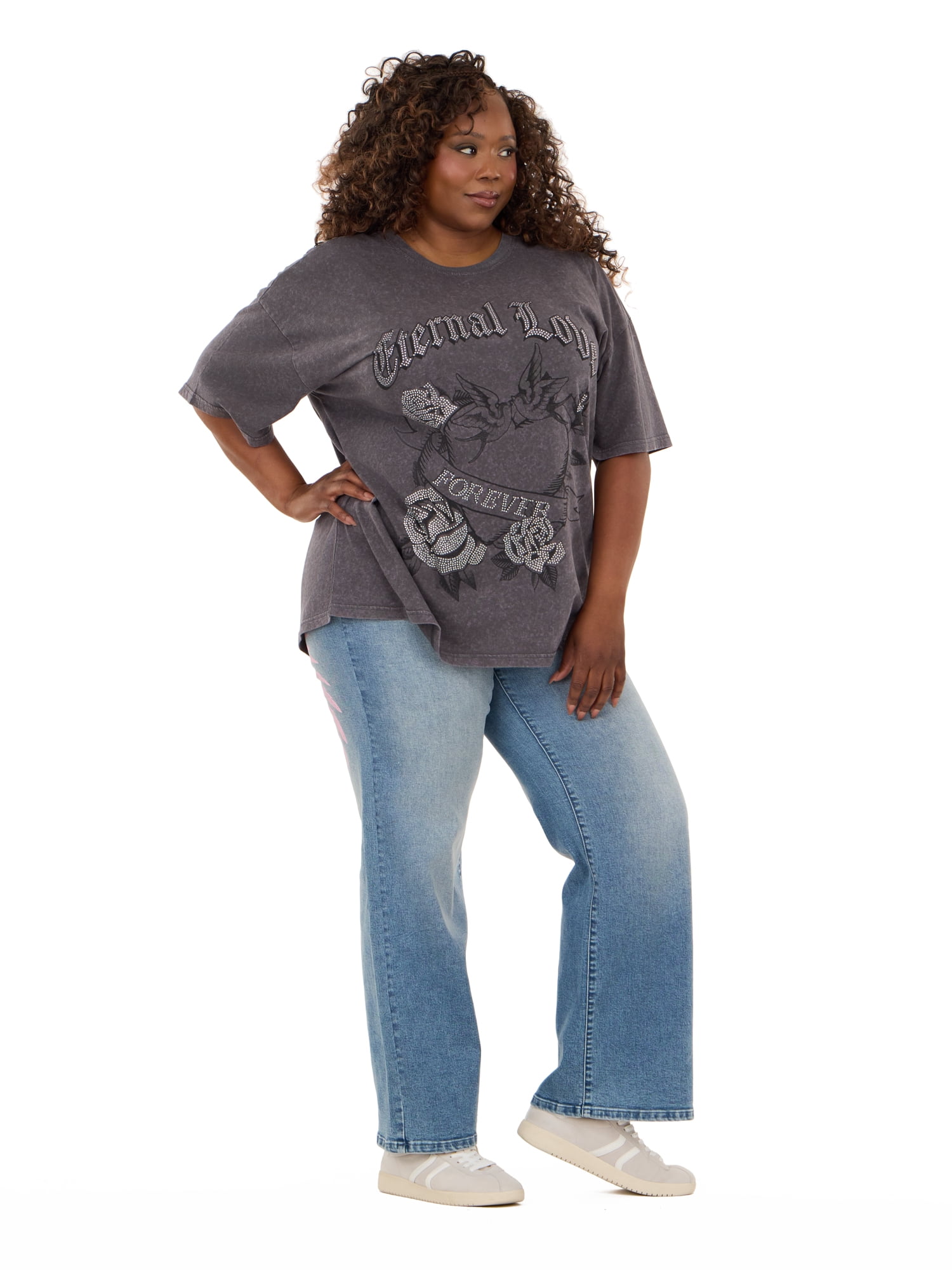Forever 21 Women's Oversized Graphic Tee, Relaxed Fit Short Sleeve T-Shirt, Casual Streetwear Everyday Style Top, Grey, XXS-4X