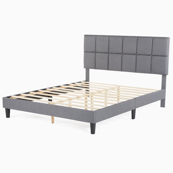 CONCETTA Queen Size Bed Frame, 800LBS Wooden Slats Support, Fabric Upholstered Platform Bed with Adjustable Headboard and No Box Spring Needed, Grey