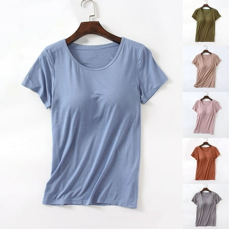 Summer Savings!Yoga Tops with Built In Bra Built-In-Bra T-Shirts Short Leeve Crew Neck Wireless Women s Cotton Padded Built-In-Bra Shirts Casual Short Sleeve Wireless Bra Tops Tee Plus Size Underwear