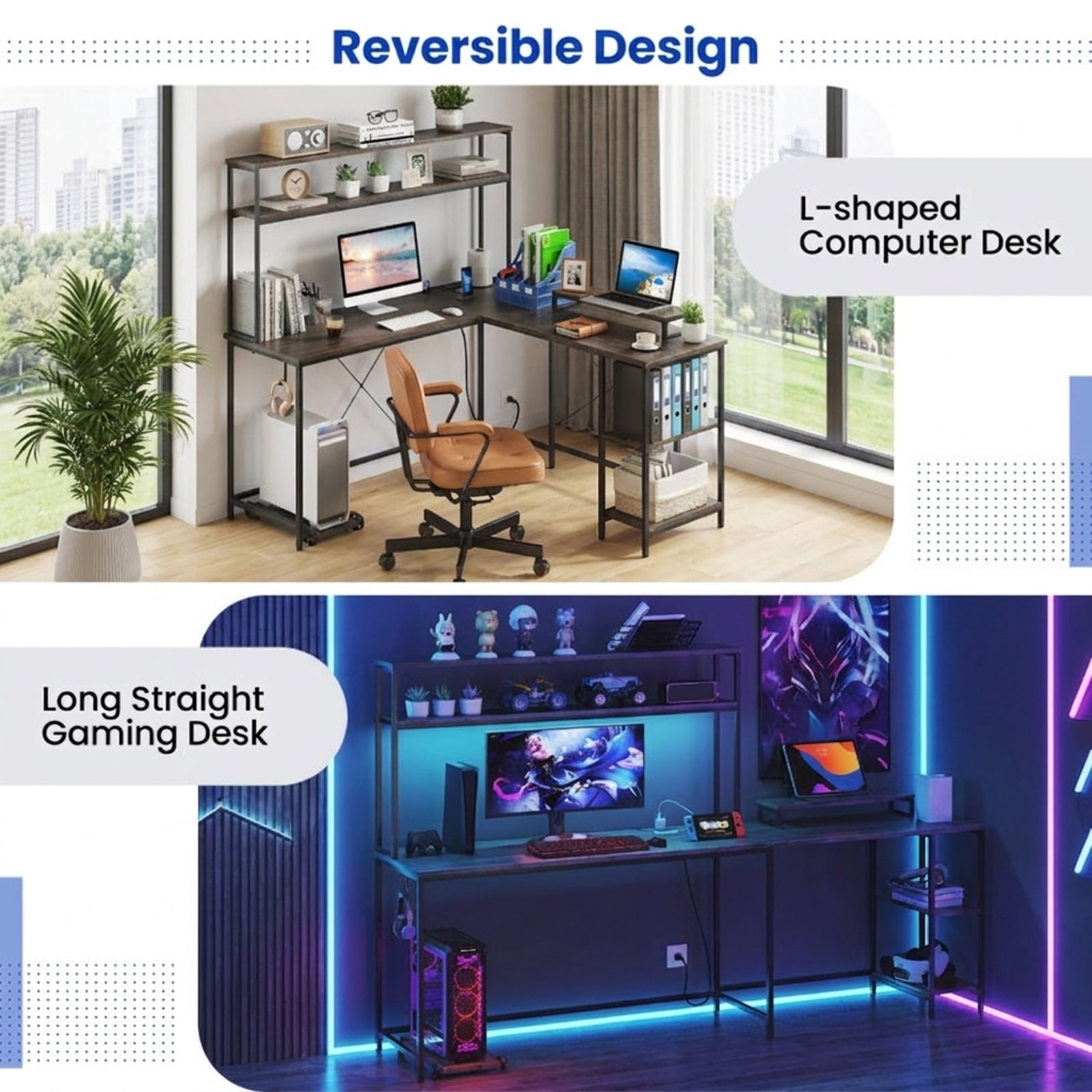 Furnibear L Shaped Reversible Gaming Desk with LED Strip and Power Outlets Hutch Monitor Stand, Gray