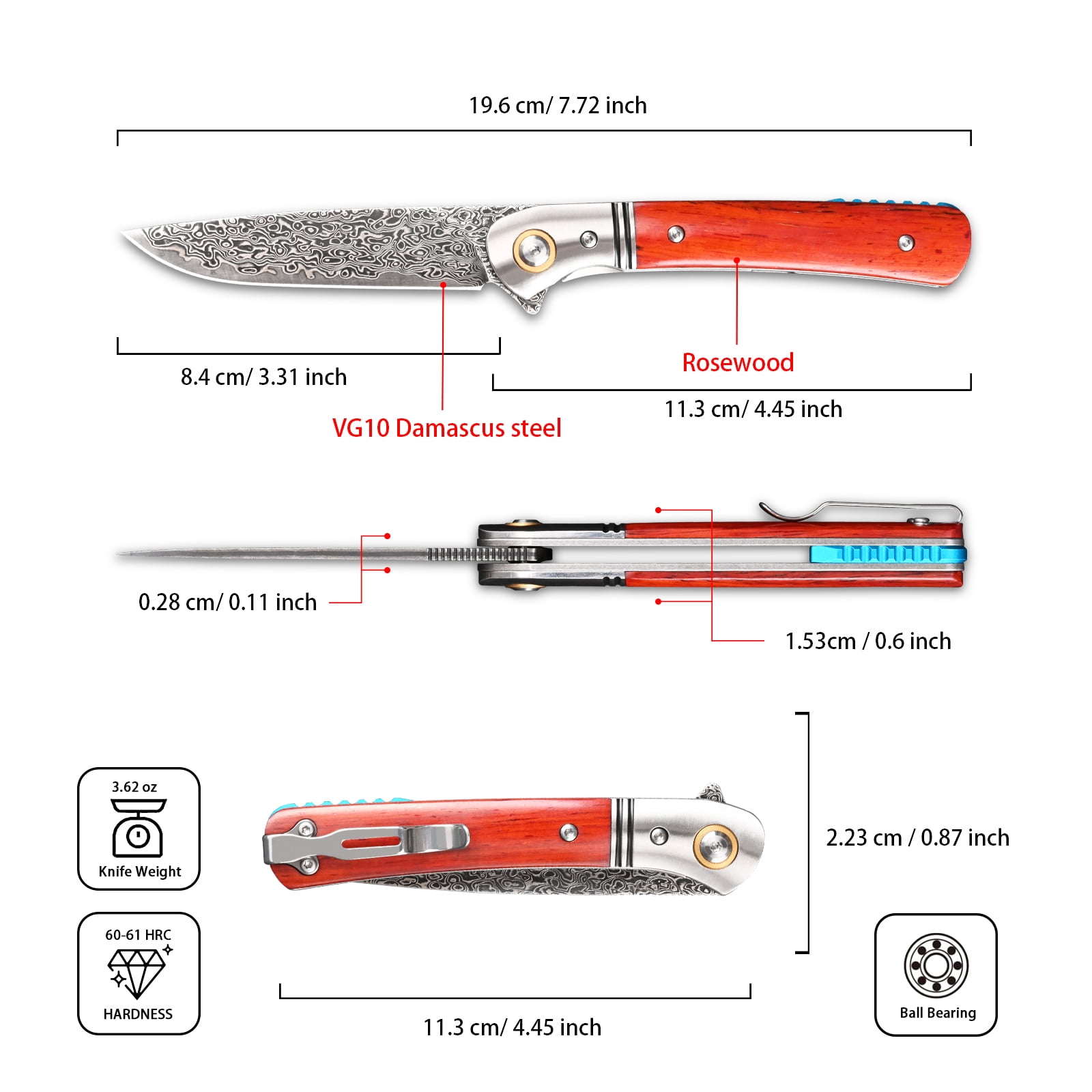 SDOKEDC Damascus Folding Pocket Knife with Clip, EDC Tool for Men, Outdoor Camping Fishing