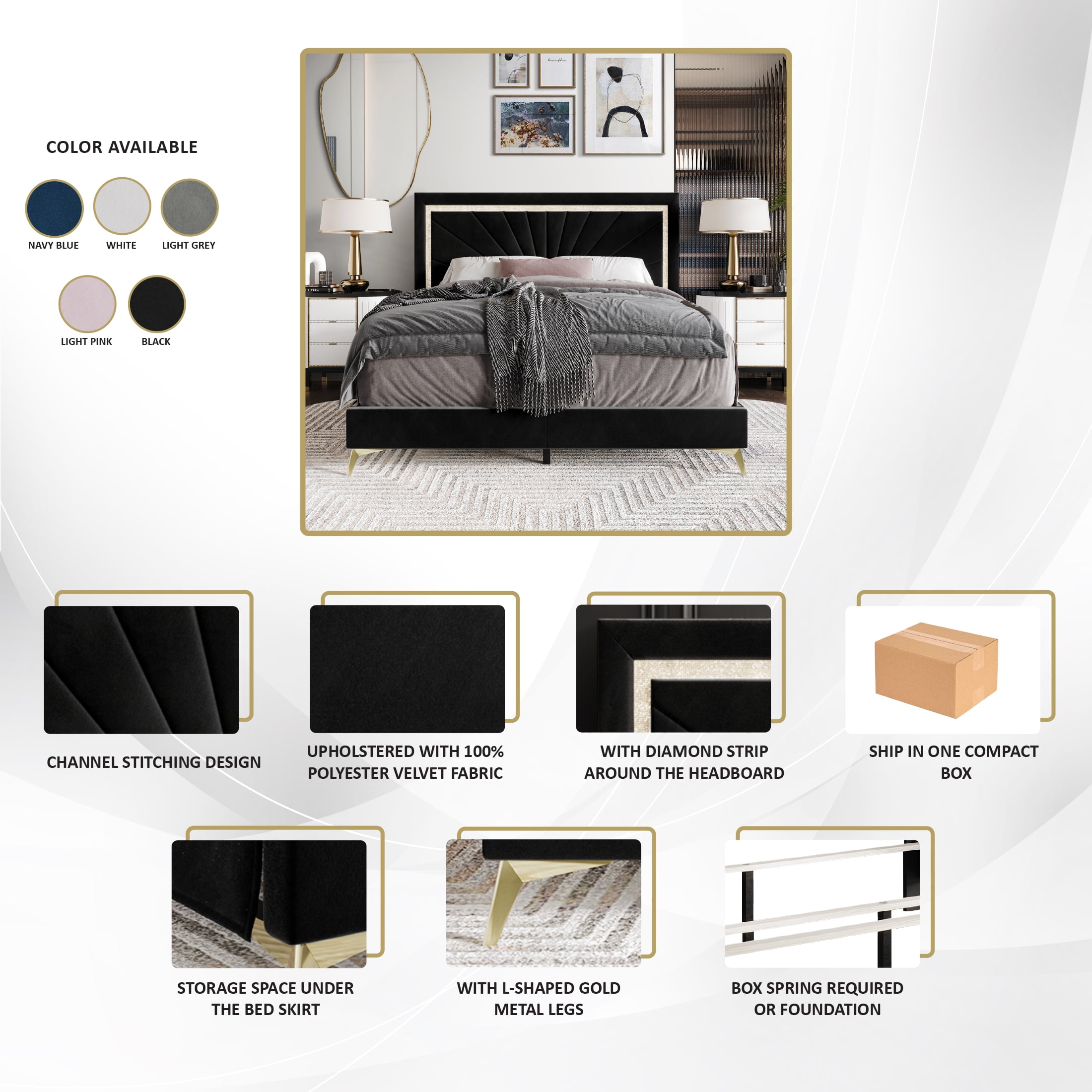 Castle Place Luxurious Diamond Strip Velvet Upholstered Bed White, Queen