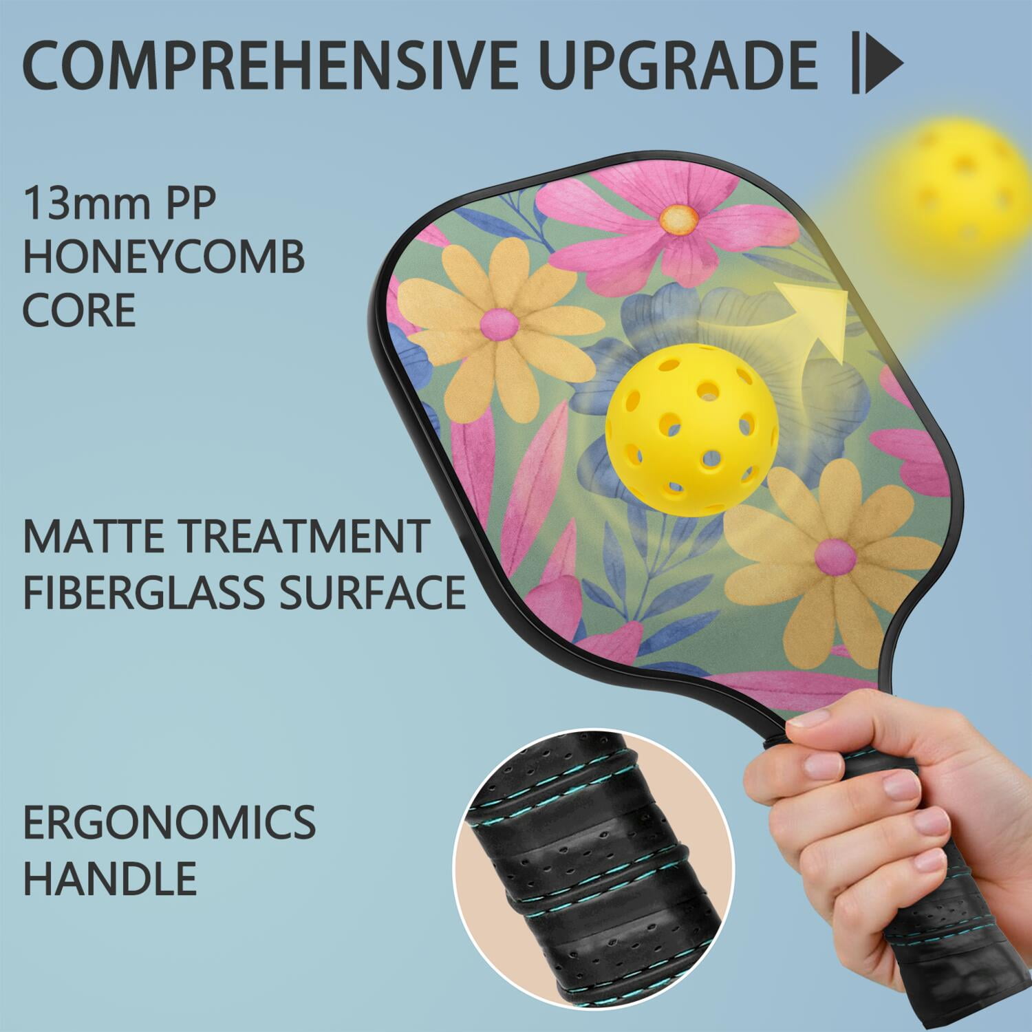 Pickleball Paddles Set Of 2, Fiberglass Surface, Vintage Floral Print, 4 Balls & Bag