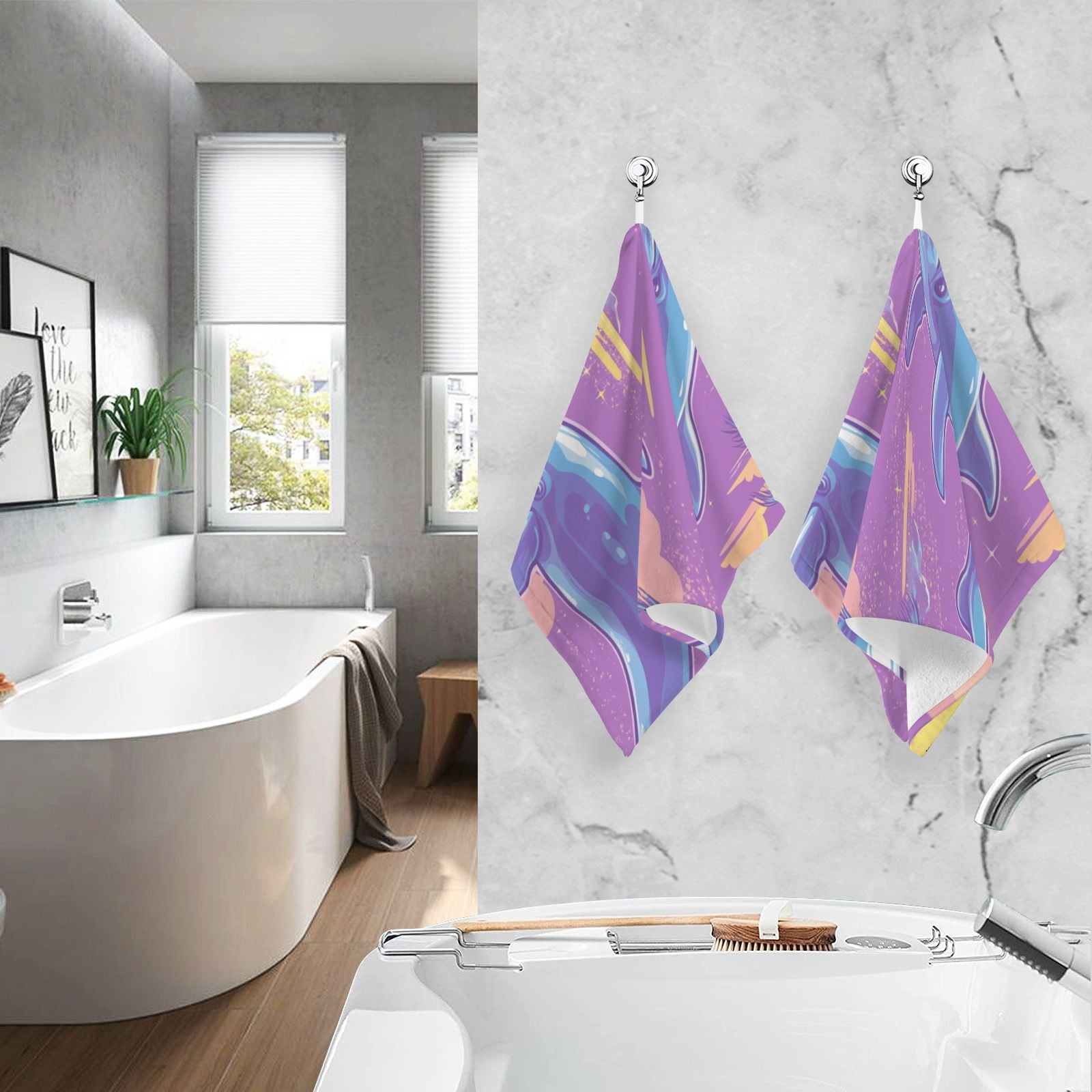Retro Dolphins Trees Hand Towels Cotton Bath Towels Large Face Towels Absorbent for Bathroom 2 Packs