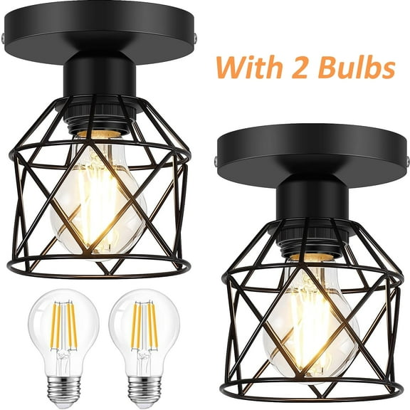 2-Pack Semi Flush Mount Ceiling Light Fixture with 2 LED Bulbs Black Kitchen Light Fixtures Ceiling Mount Ceiling Lamp for Kitchen, Hallway, Porch