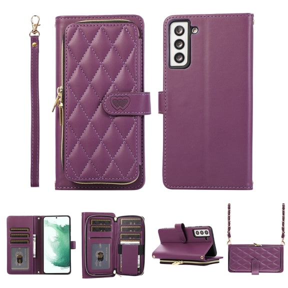 Feishell Zipper Wallet Case for Samsung Galaxy S25, PU Leather Card Holder Crossbody Case with Chain Strap and Wrist Strap for Women Girls, Shockproof Full Body Protection Stand Cover,Darkpurple