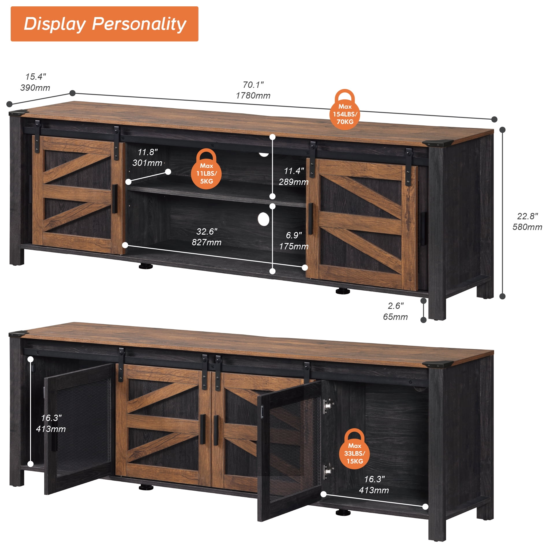 75 Inch Farmhouse TV Stand with Blue Light LED,Antique Black & Brown Entertainment Center Media Storage Cabinet