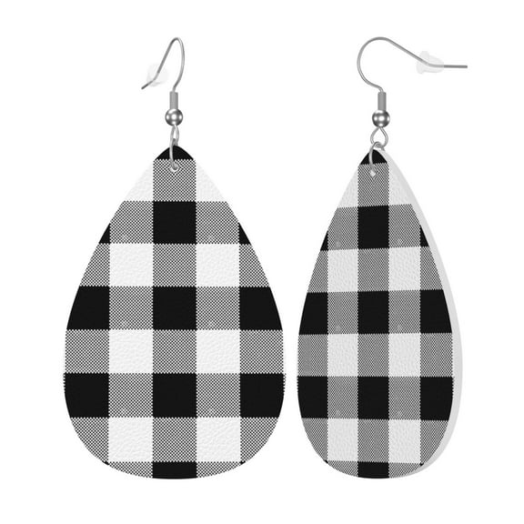 Faux Leather Teardrop Earrings Black White Plaid Printed Dangle Earrings Lightweight Drop Earrings