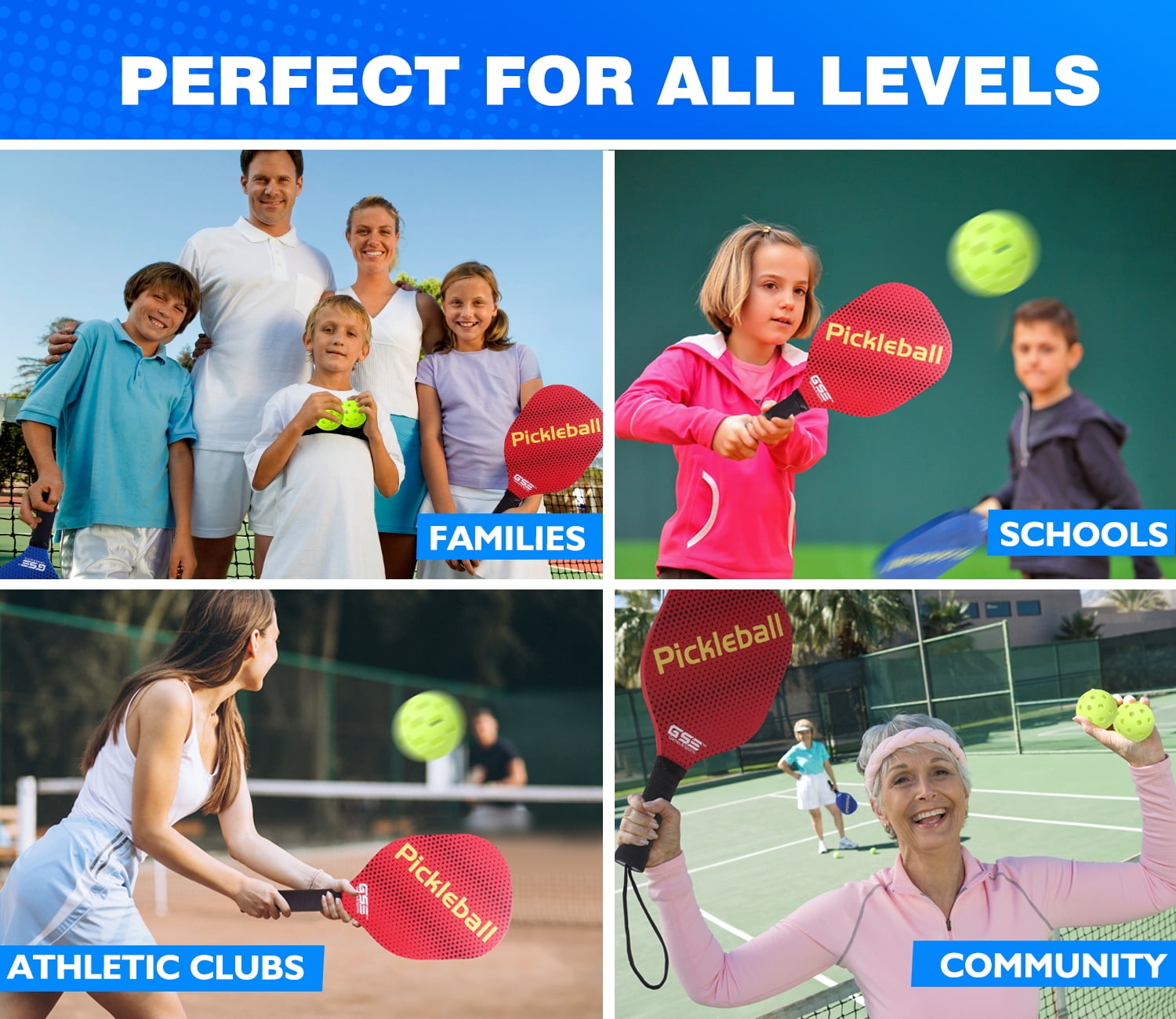 GSE Games & Sports Expert Hardwood Pickleball Paddle Set, Lightweight Pickleball Rackets with Pickleball and Carry Bag. Great for School, Community Center, Athletic Club - 4 Paddles / 6 Balls