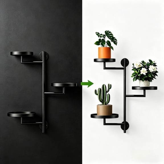 Window Rotating Plant Stand Shelf Indoor Black Metal Floating Shelves 3-Tier Wall Mount Plant Holders for Living Room Wall Planter Modern Home Decor for Gardening