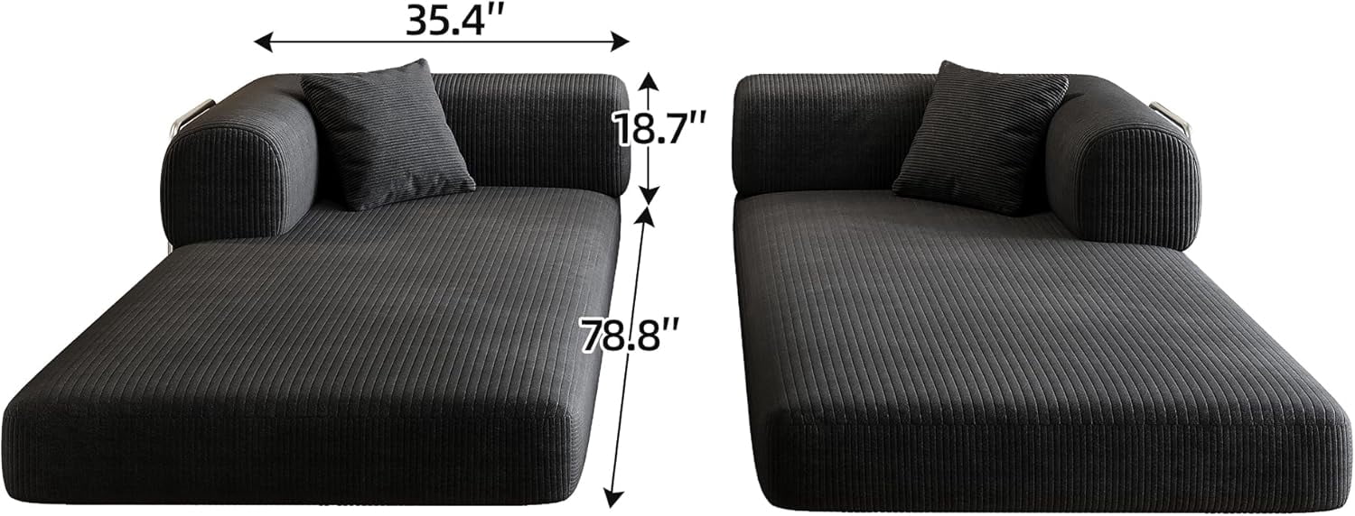 Howcool 79" Convertible Sofa Bed, Corduroy Folding Pull Out Couch with Pillows, Boneless Compression Sofa in a Box, Floor Sofa with Support Rods for Living Room, Black