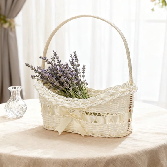 White Artificial Rattan Flower Girl Basket with Handle, Satin Ribbon Bow Lace Trim Woven Handheld Basket for Wedding Ceremony Petal Holding, Tabletop Storage & Party Home Decor