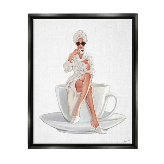 Stupell Industries Chic Woman Robe Coffee Cup Designer Logo Sunglasses Jet Black Framed Floating Canvas Wall Art, 16x20, by Ziwei Li
