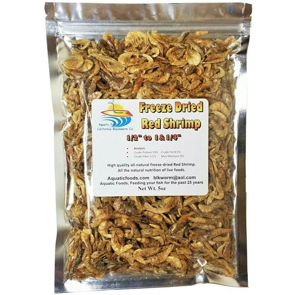 Aquatic Foods 5oz. Freeze Dried Red Shrimp 1/2'' to 1&1/4'' 100percent for Tropical Fish, Marine Large Cichlids, Koi, Land & Turtles, Premium Fish Foods. 5oz Bag