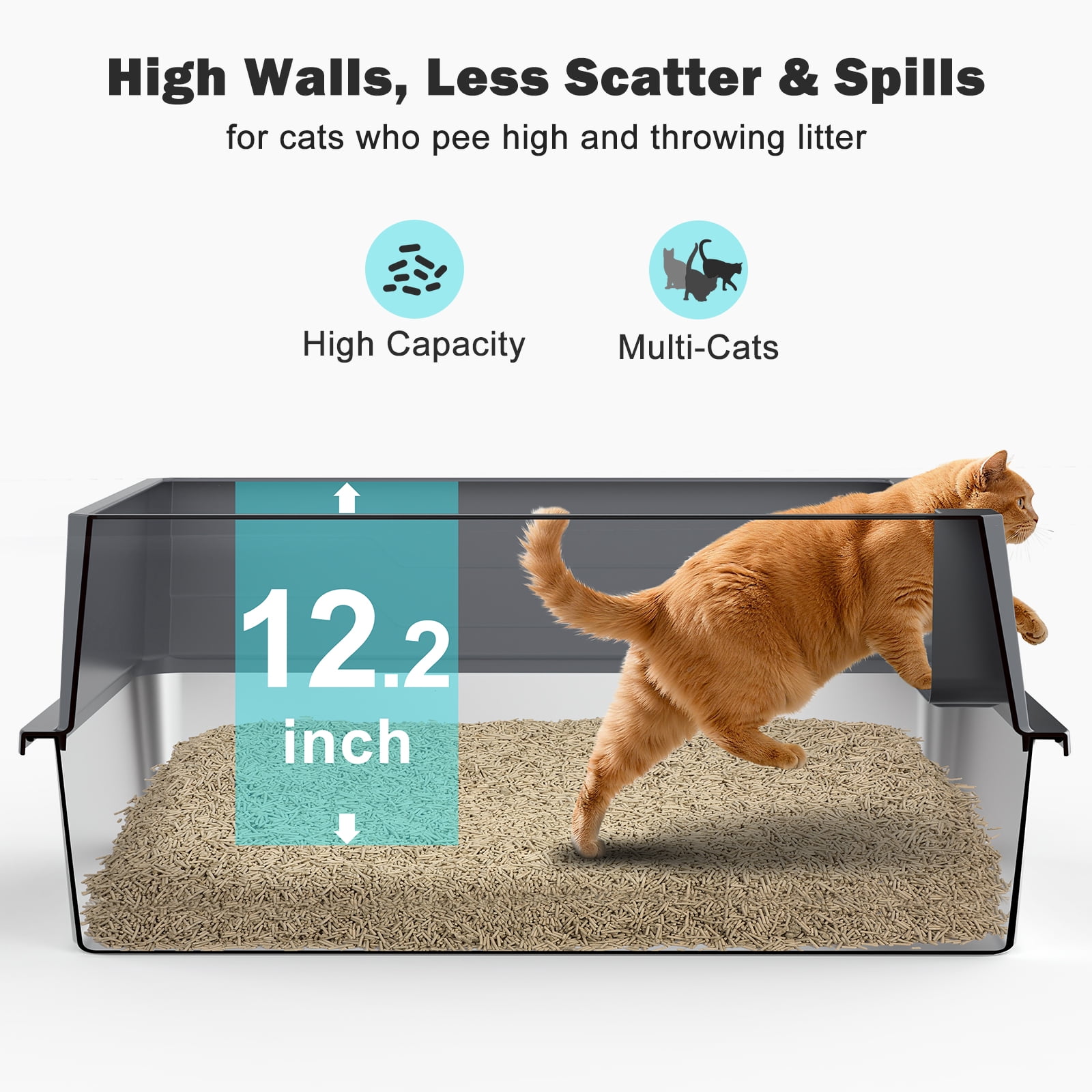 XXXL Cat Litter Box Jumbo for Big Cat Multiple, Metal Litter Box with High Sides, Extra Large Stainless Steel Litter Box with Scoop, Easy to Clean, Dark Gray