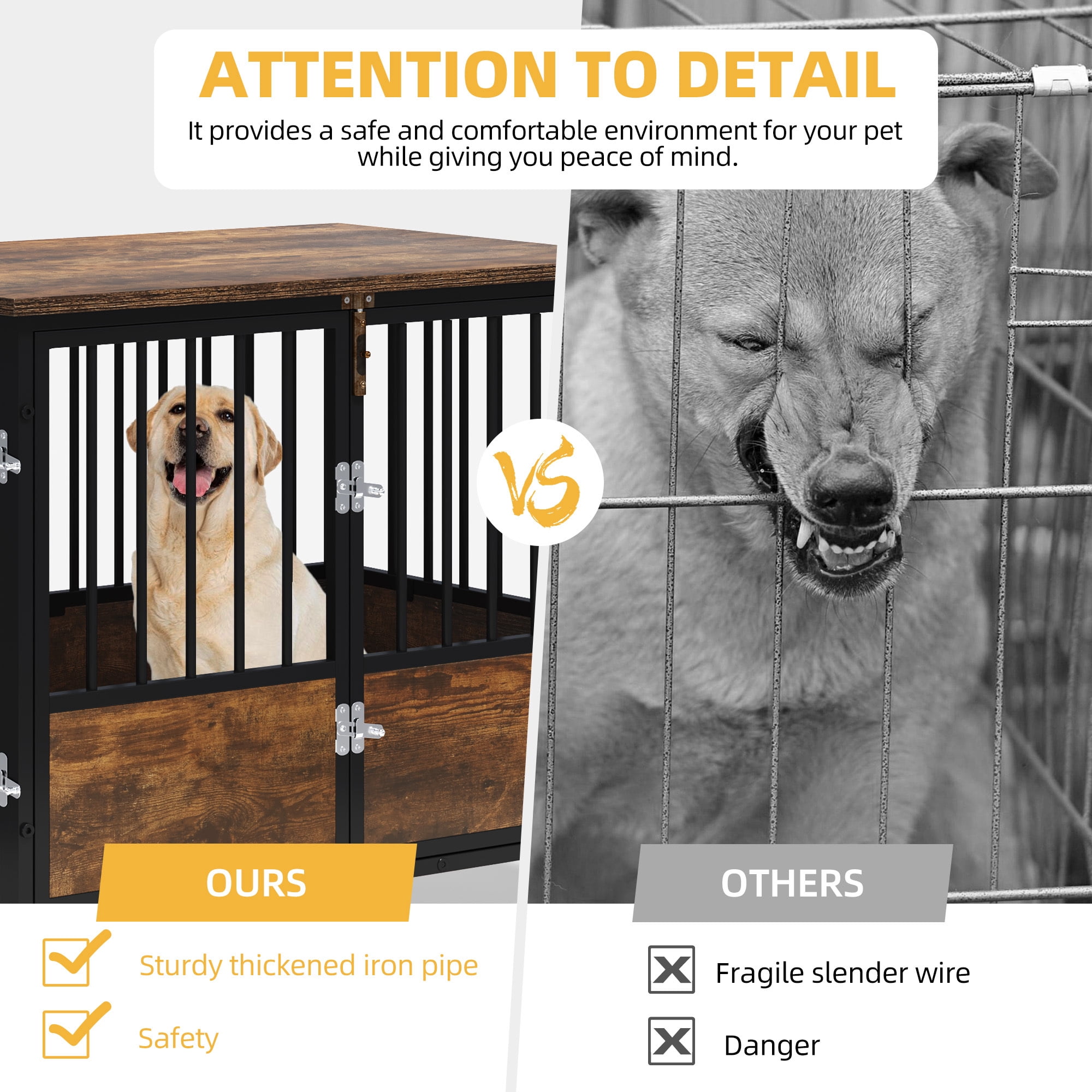 Uforic 38" Dog Crate Furniture with Double-Doors, Wooden Indoor Dog Kennel,Dog Cage for Indoor, Rustic Brown