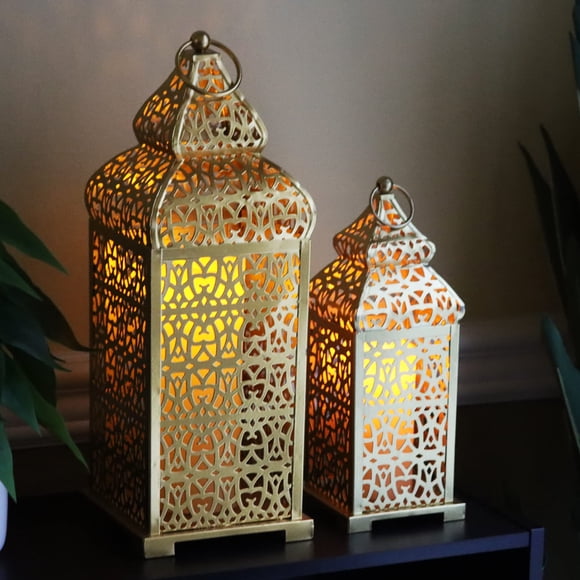 VELA LANTERNS Large Golden Temple Moroccan Lantern Lamp Decorative Candle Holders for Ramadan Decorations, Hanging, Outdoor Patio